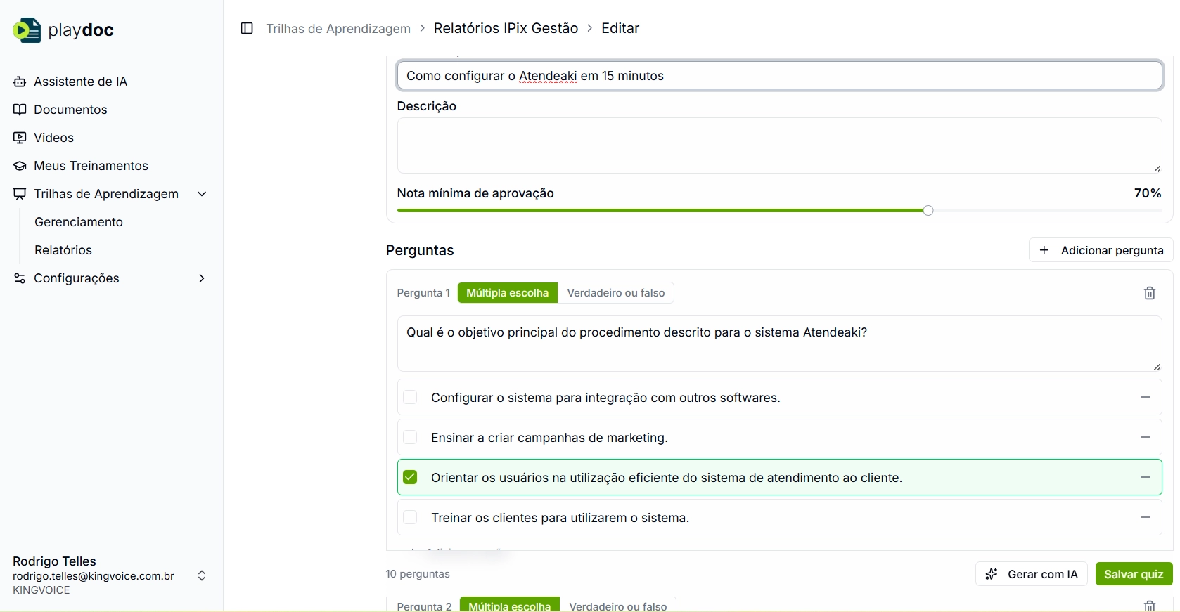 Configuração de trilha de aprendizagem no Playdoc