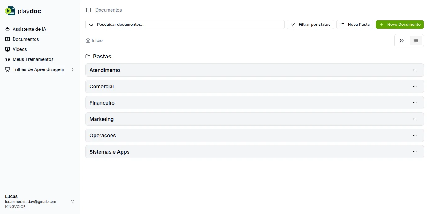 Base de conhecimento do Playdoc: documentos do produto organizados por status e pasta