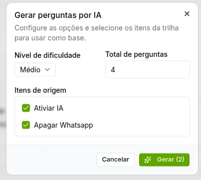 Modal de geração de quiz com IA no Playdoc